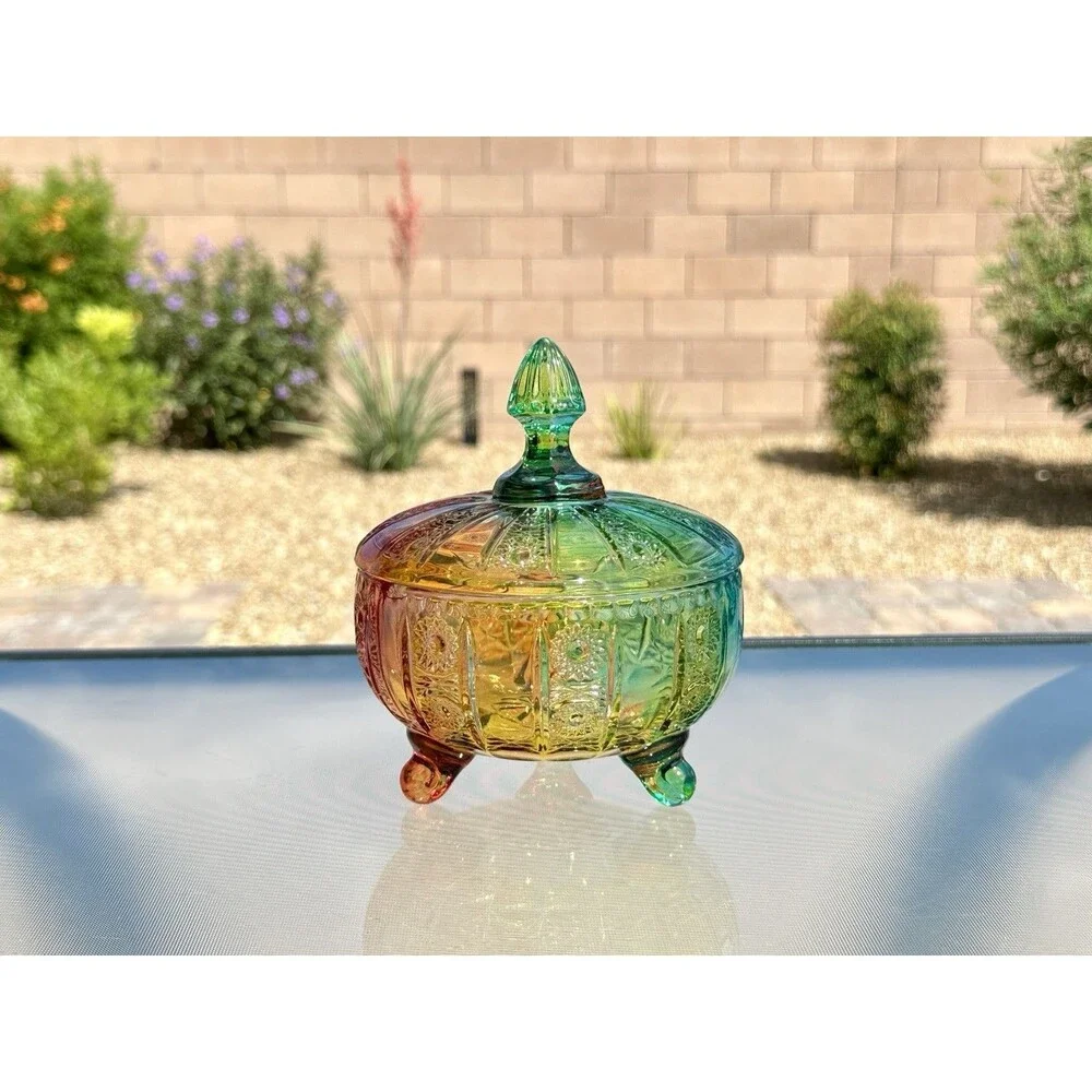 Glass Candy Dish Rainbow Jar 16oz Colorful Embossed Vintage Bowl with Lid